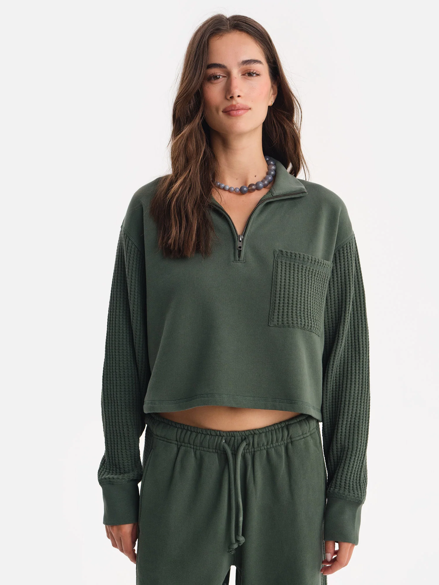 Organic Fleece and Waffle Cropped Half-Zip Sweatshirt